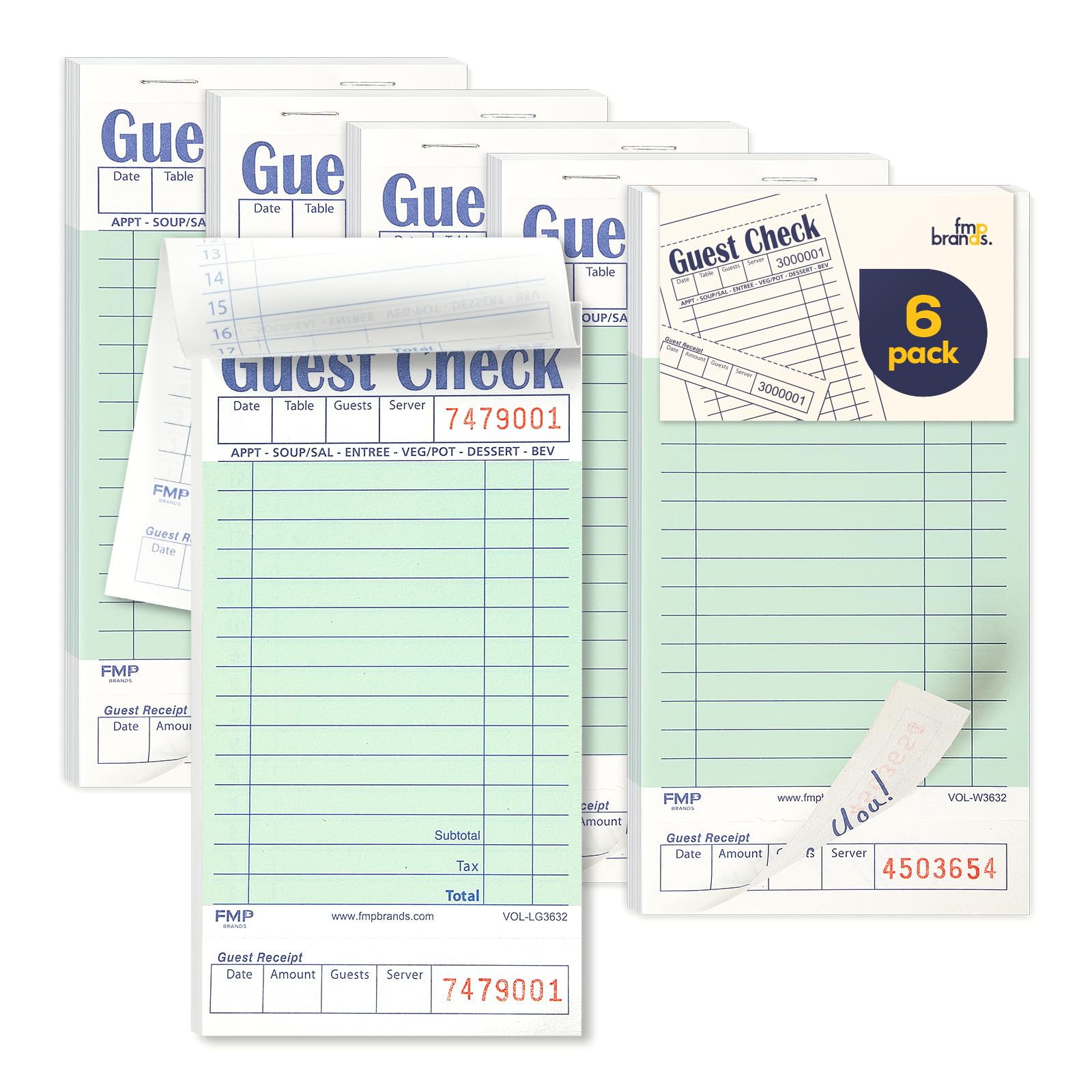 FMP Brands Guest Checks Pads 6 Pack 300 Orders, Server Note Pads, Light Green Guest Check for Servers, Waitress Notepad, Restaurant Order Pads Paper 50 Sheets/Book, Server Accessories