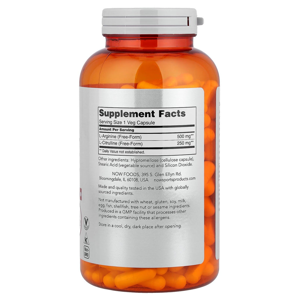 NOW Sports Nutrition, Arginine & Citrulline 500 mg/ 250 mg, Amino Acids, 240 Veg Capsules