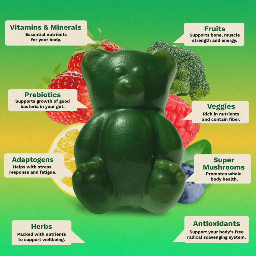 Gruns Sugar-Free Super Greens Gummies, Multivitamin Superfood Gummy Bears, Spirulina, Chlorella, Prebiotics & Fiber gummies for Digestive Health, Adaptogens Supplement, 20 Vitamins & Minerals, 10 pack