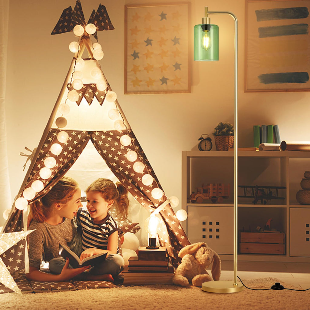 Ziisee Floor Lamps for Living Room - Industrial Standing Lamp with Green Glass Shade, Modern Gold Floor Lamp with LED Bulbs, Farmhouse Floor Lamp for Bedroom, Tall Lamp for Office