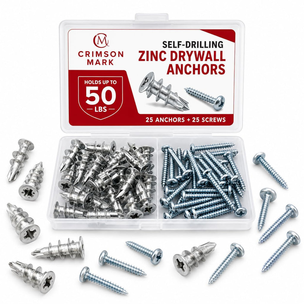 CrimsonMark 50Pcs Metal Self Drilling Drywall Anchors and Screws Kit #8