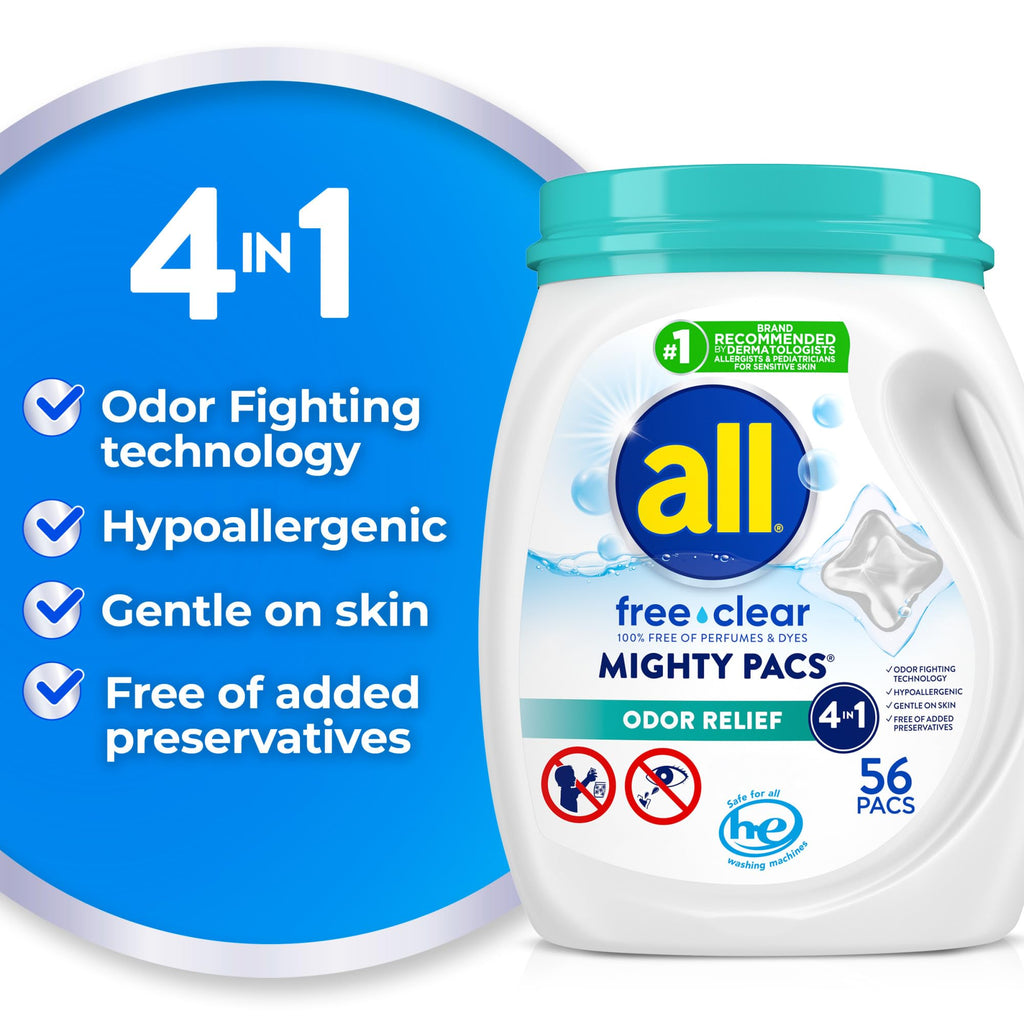 all free clear MIGHTY PACS Odor Relief, Laundry Detergent Pacs, 56 Count, Unscented and Hypoallergenic for Sensitive Skin, Dermatologist Tested, HE Safe