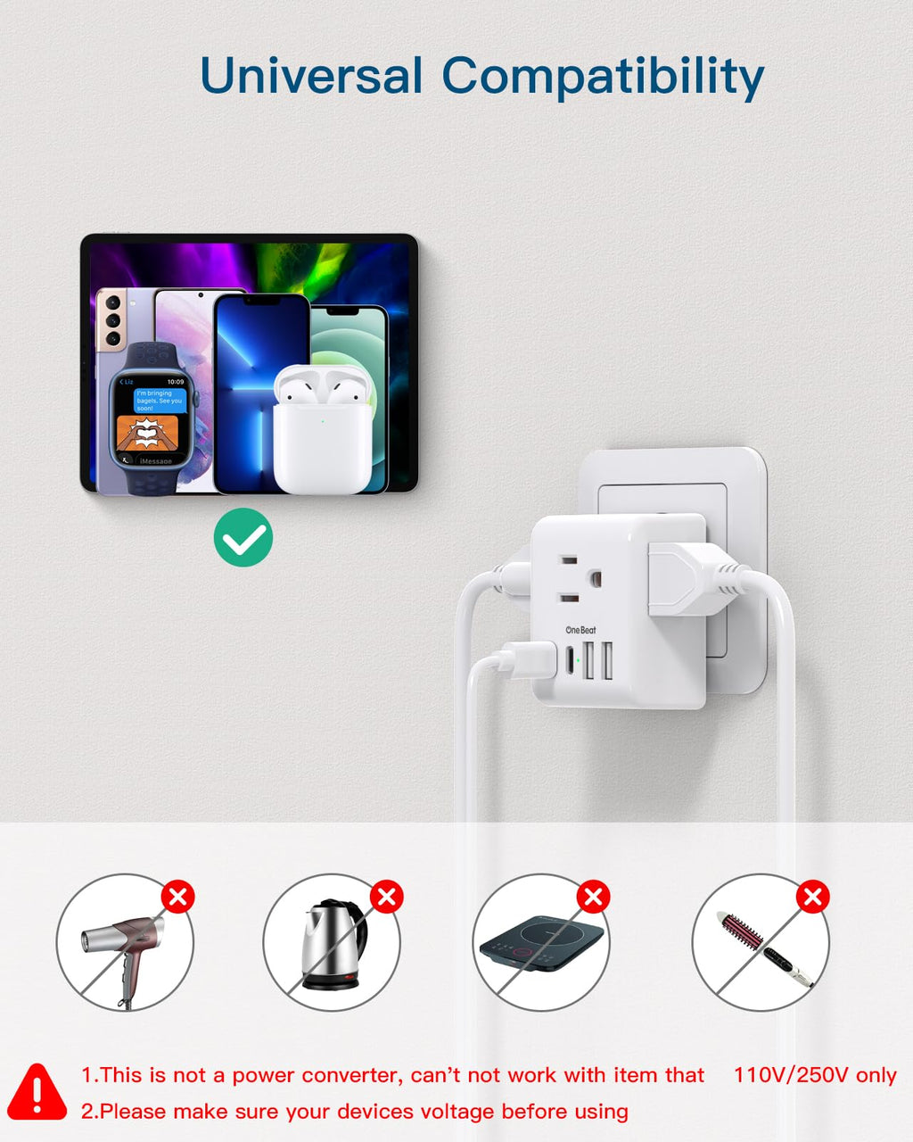 2 Pack European Travel Plug Adapter, International Power Plug Adapter with 3 Outlets 4 USB Charging Ports(2 USB C), Type C Plug Adapter Travel Essentials to Most Europe EU Spain Italy France Germany