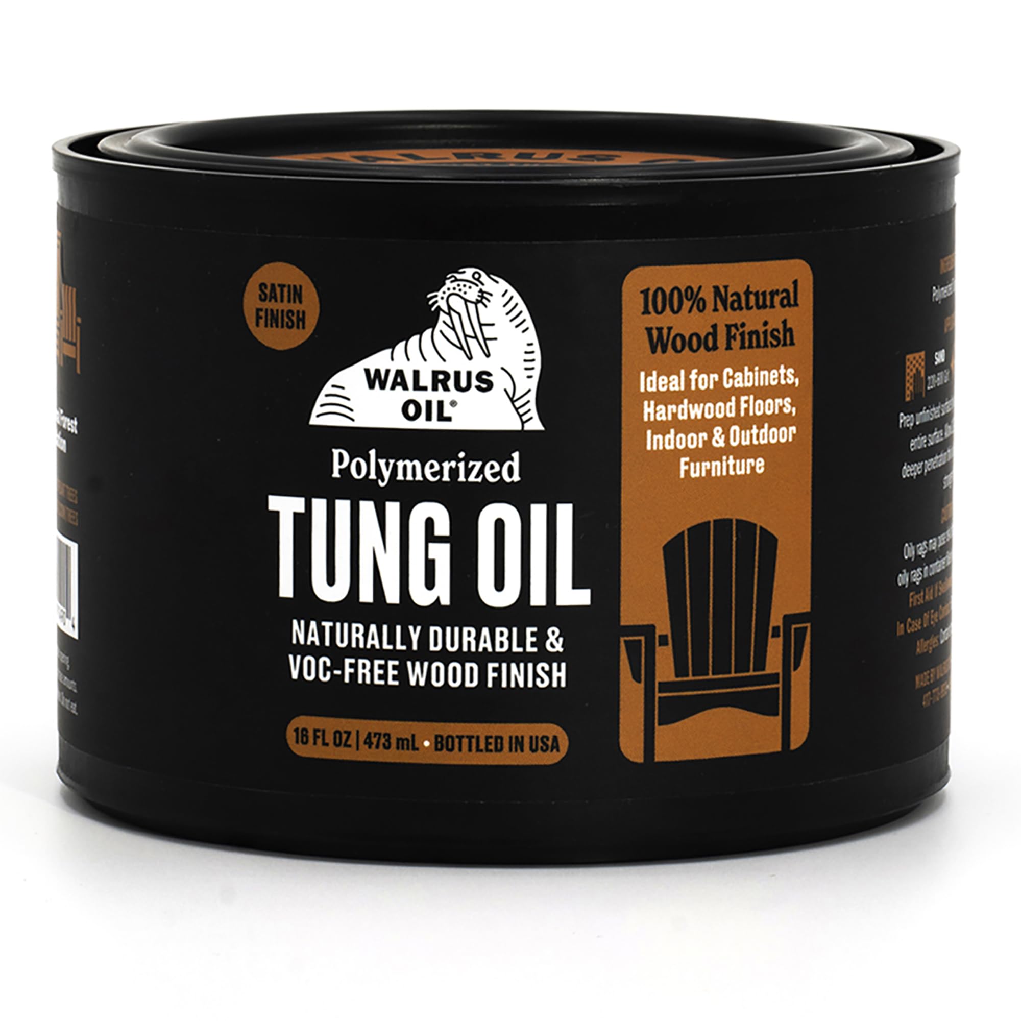 Walrus Oil - Polymerized Tung Oil. 100% Natural, VOC-Free, Heat Bodied, Fast Curing Wood Sealer and Finish. Food-Contact Safe, 16oz Can