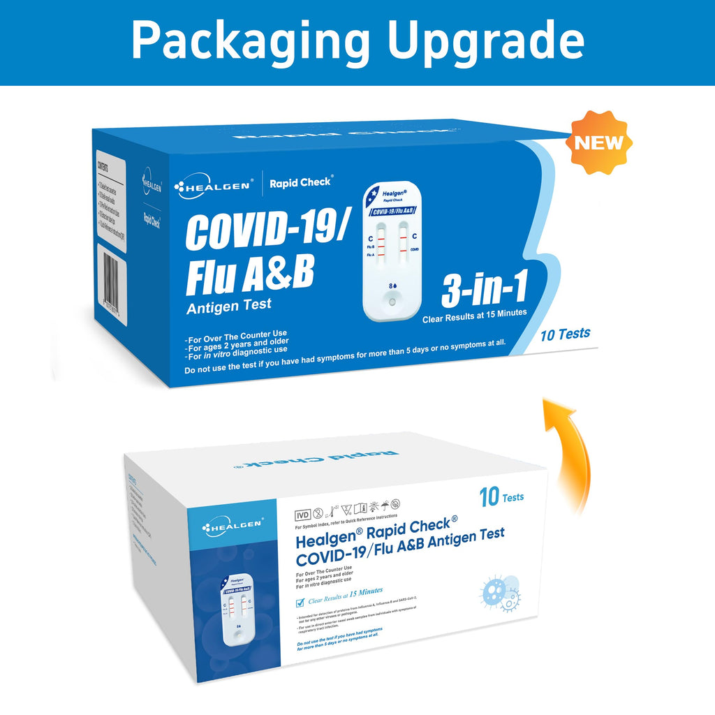 Healgen Rapid Check COVID-19, Flu A&B Antigen Test Kit, OTC 3-in-1 Flu & COVID Home Test, Easy to Read Dual Windows, Results in 15 Mins, 18-Month Shelf Life, 10 Test