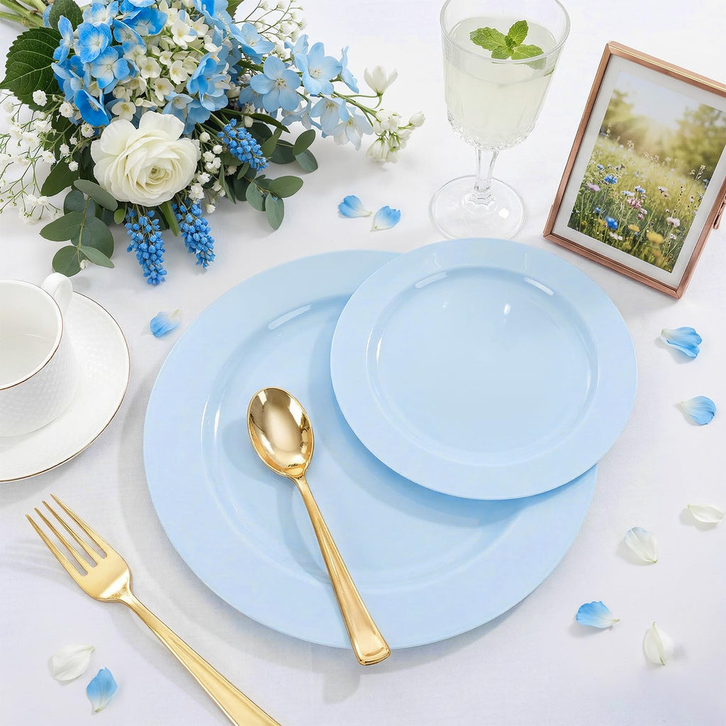 FLOWERCAT 60PCS Light Blue Heavy Duty Plastic Disposable Party Plates Set – 30pcs 10.25″ Dinner & 30pcs 7.5″ Dessert Plates – Durable Blue Tableware for Easter Parties, Wedding, BBQ & Baby Shower