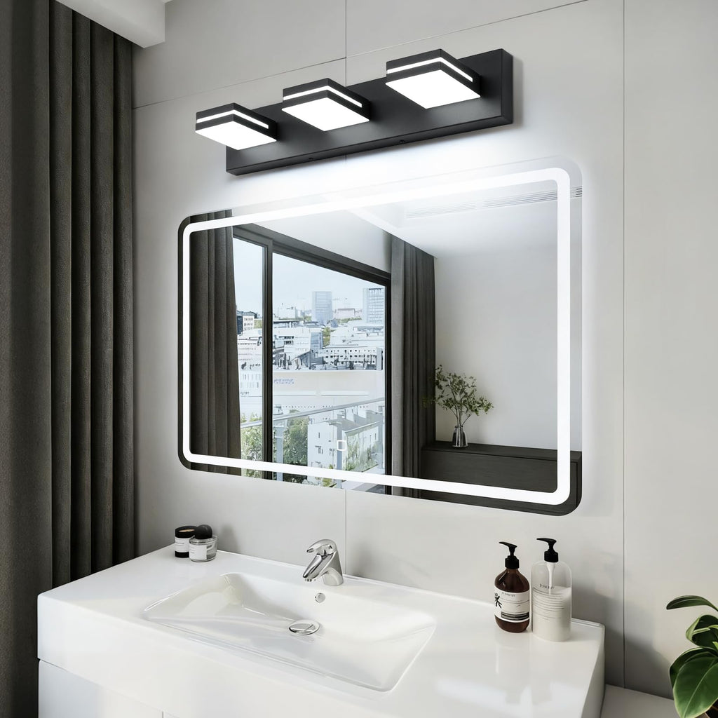 SineRise LED Modern Bathroom Vanity Light Fixtures, Modern Acrylic Bathroom Wall Lighting Fixtures Over Mirror, 3-Light, 24-Inch, Black, White