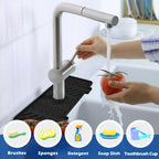 Meiliweser Silicone Faucet Mat for Kitchen Sink – Gen 3 10° Slope Splash Guard with Cuttable Hole – 14” x 5.5” Drip Catcher & Sponge Holder for Kitchen, Bathroom (Black)