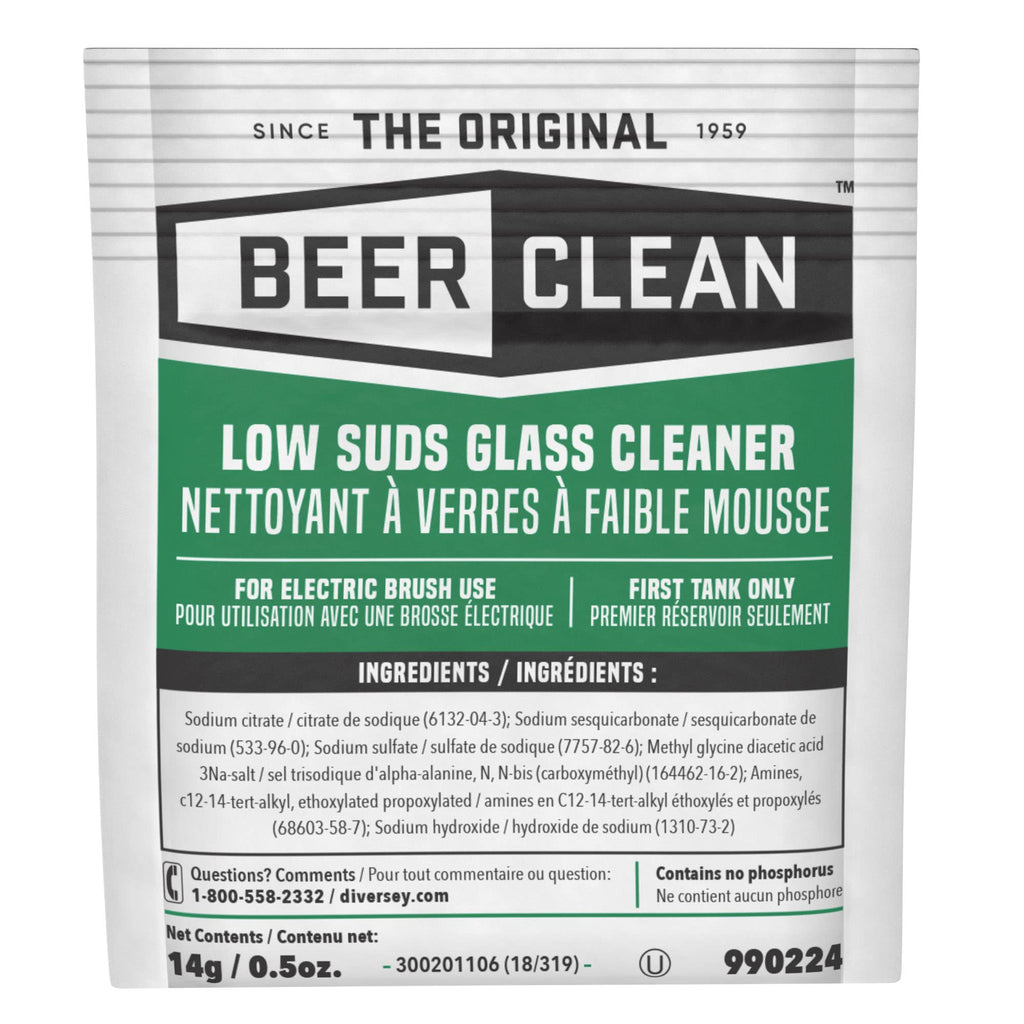 BEER CLEAN 990224 Low Suds Glass Cleaner, Restaurant Barware & Glassware Cleaner for Auto Brush, Powder Packets, 0.5-Ounce (Pack of 100)