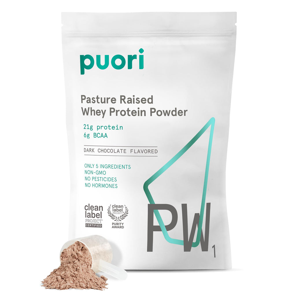 Puori Whey Protein Powder - Dark Chocolate - PW1 Pasture Raised, Grass-Fed & Non-GMO - 100% Natural and Pure for Muscle Growth - 21g Protein 1.98lbs - Gluten-Free