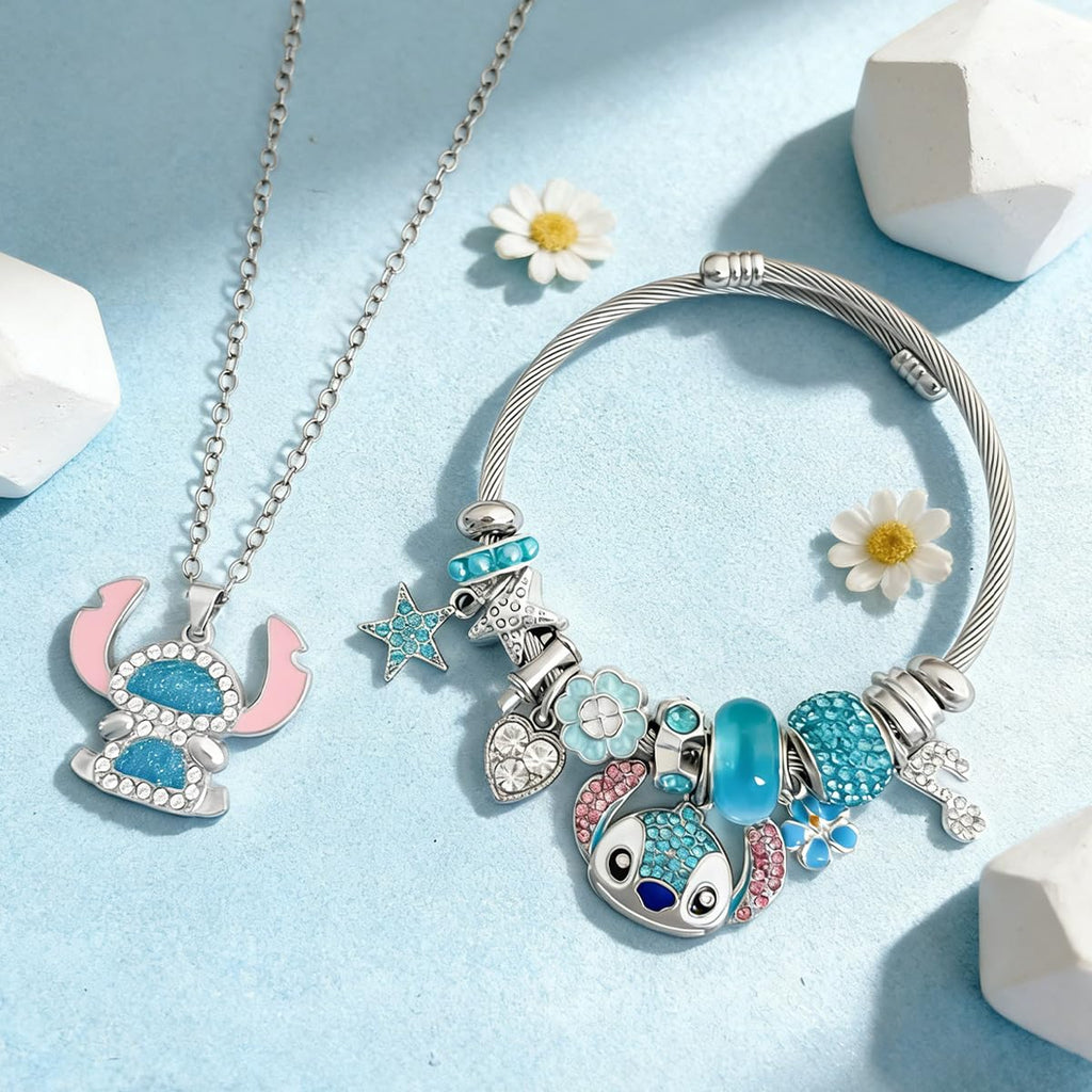 AmaaLeaf Cute Anime Cartoon Charm Bracelet, Adjustable Bangle and Necklace Jewelry Set Gifts for Women on Birthdays, Holidays (Set 1)