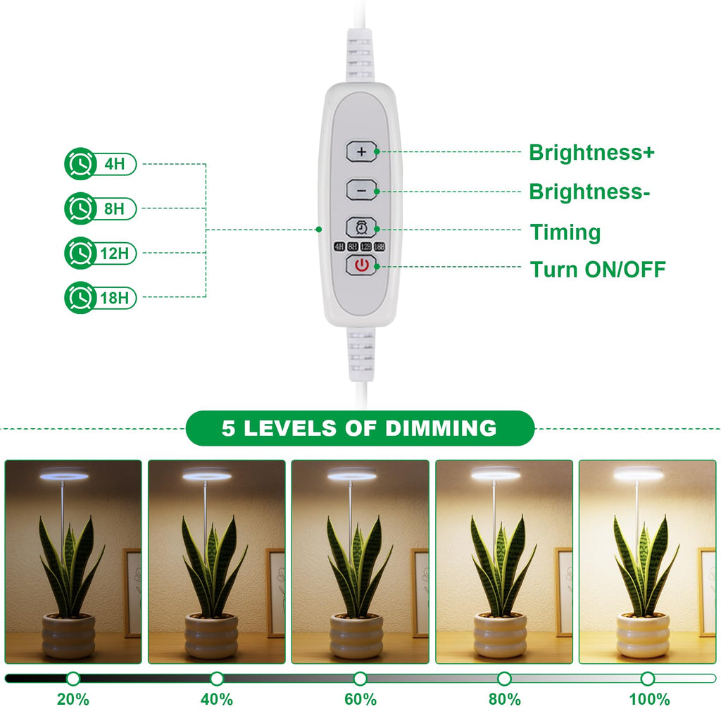 WeeLeeGoo 2 Pack Grow Light with Base, 6000K White Full Spectrum Growing Light Lamp for Indoor Small Mini Micro Green Pot Plants, 5-Level Dimmable, Auto Timer 4/8/12/18 Hrs