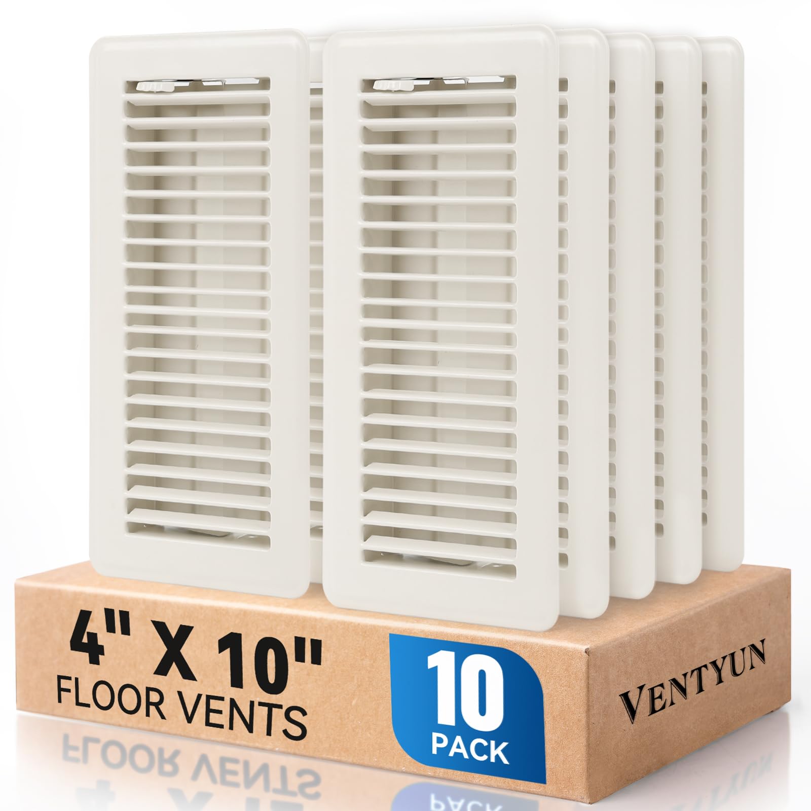 VENTYUN 4" x 10" Floor Register Vent Covers 10-Pack, Walkable Powder-Coated Metal Vent Covers with Adjustable Airflow, Curved Safe Edges for Floor/Wall, White