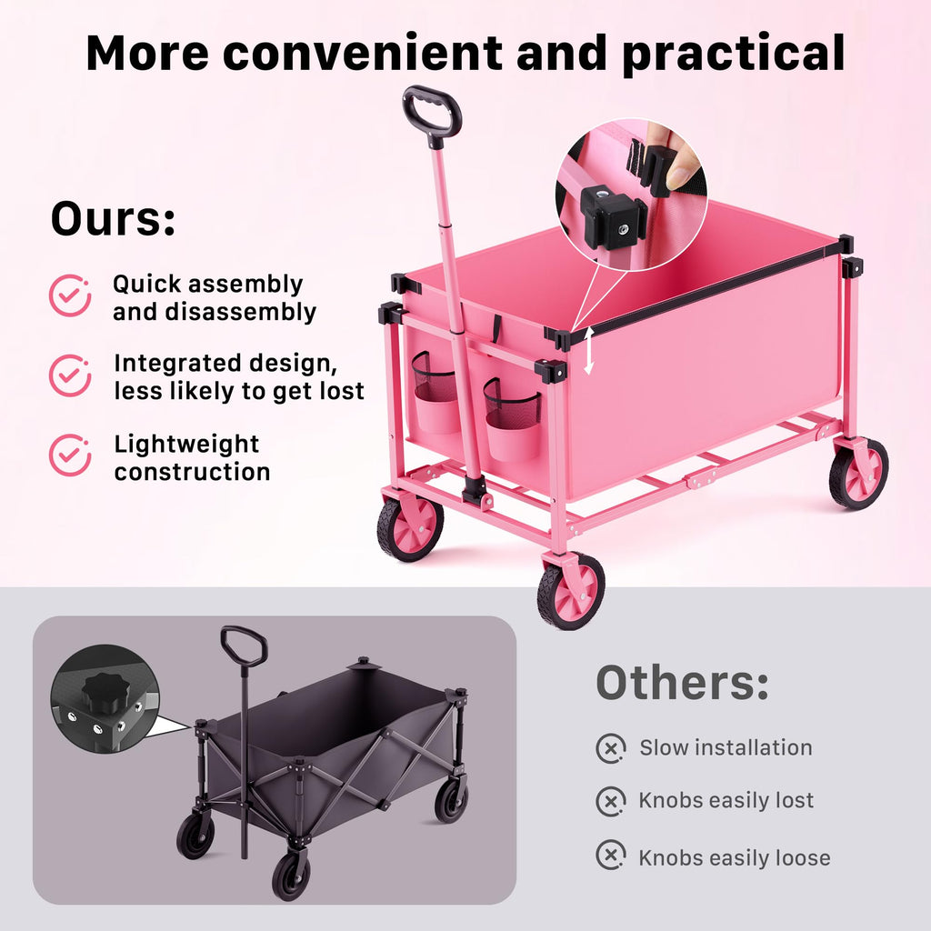 HOMBETTA 29.3" Collapsible Wagon Cart, 150L Heavy Duty Folding Utility Wagon with Wheels, 260 lbs Load, Portable Rolling Cart for Garden, Shopping, Sports, Camping, Pink