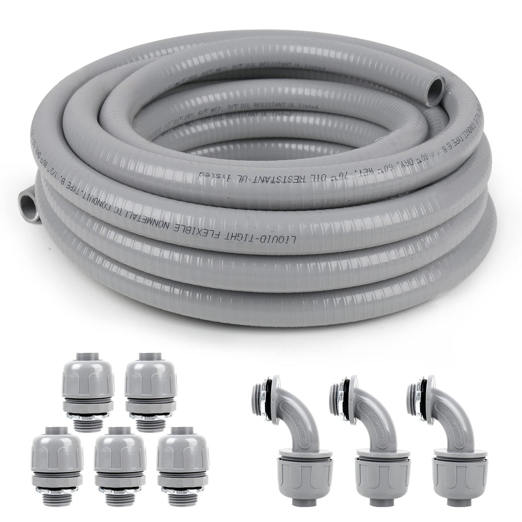 Elecoman 3/4inch 50ft Liquid-Tight Conduit and Connector Kit,Flexible Non-Metallic Liquid Tight Electrical Conduit Kit with 5 Straight and 3 90-Degree Connector Fittings,3/4 in. Dia