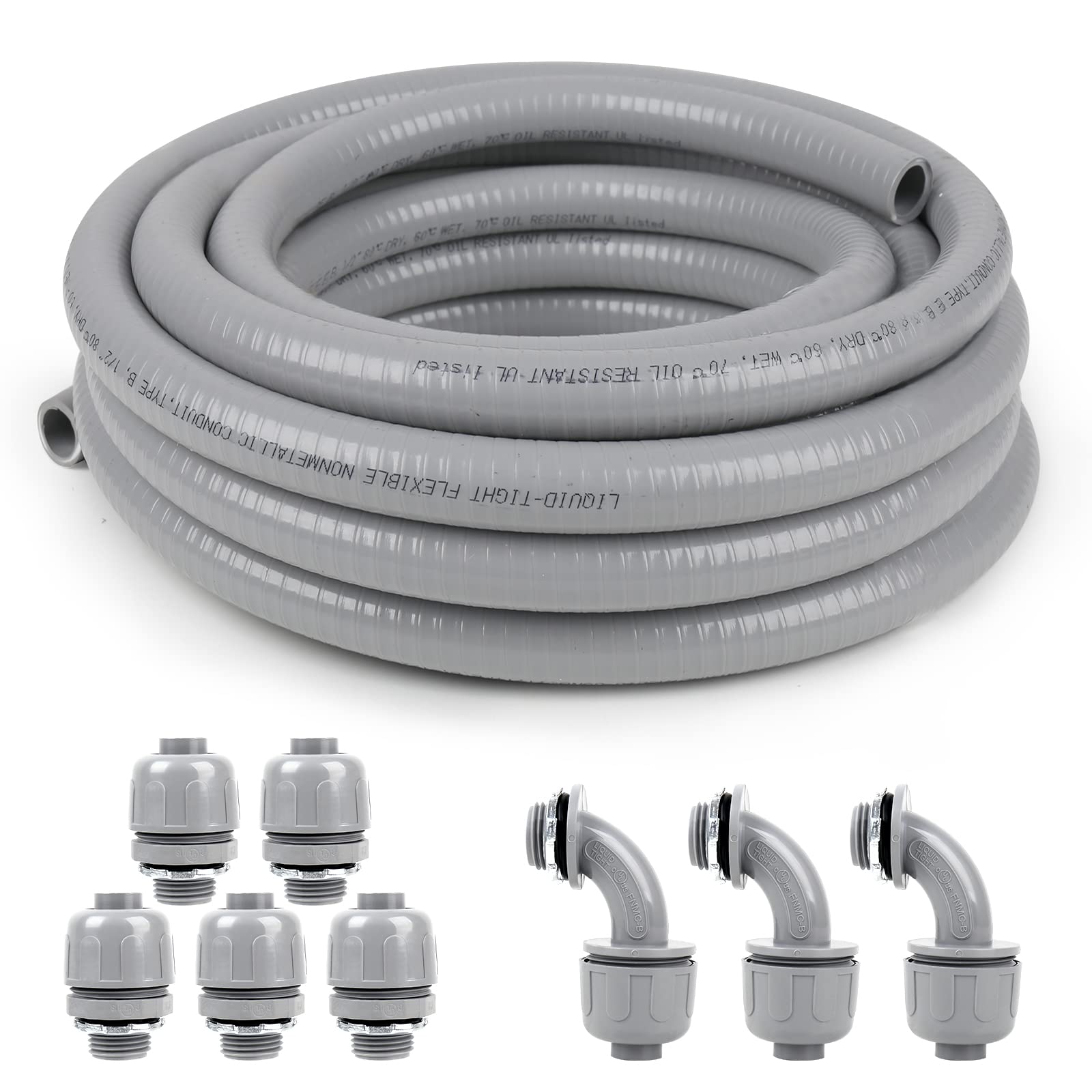 Elecoman 3/4inch 50ft Liquid-Tight Conduit and Connector Kit,Flexible Non-Metallic Liquid Tight Electrical Conduit Kit with 5 Straight and 3 90-Degree Connector Fittings,3/4 in. Dia
