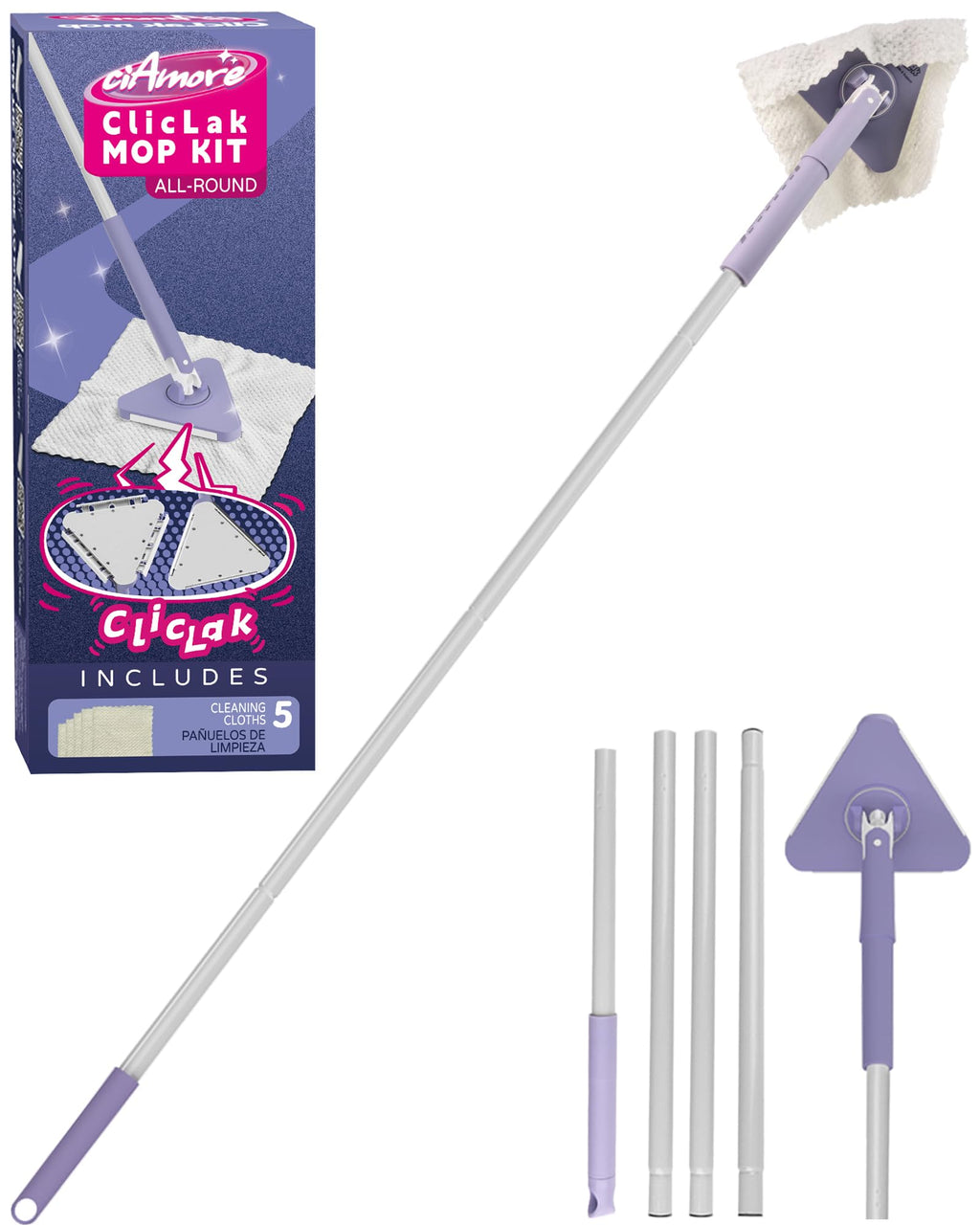 ClicLak Wall Cleaner Mop, Instantly Attach & Remove Cloth Touch-Free, Triangular Clamp Clip Ceiling Cleaning Duster with 67 Inches Handle, 5 Dry Cloths for Walls, Window, Floor, Baseboard