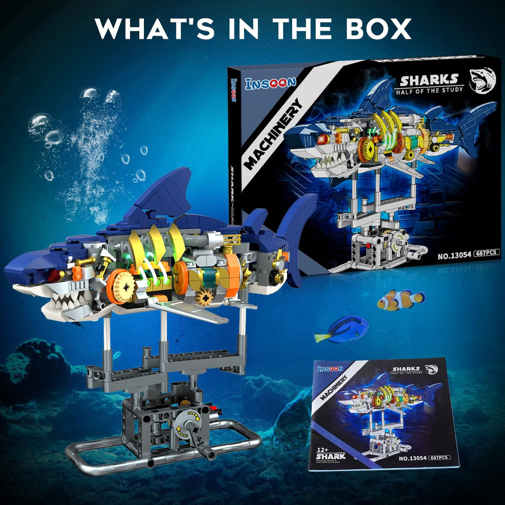 INSOON Mechanical Shark Building Set with LED Light, 687 PCS Movable Ocean Animal with Display Stand, Sea Fish Building Block Toy, Home Decor Gift for Adults Teens Kids Boys Ages 12+