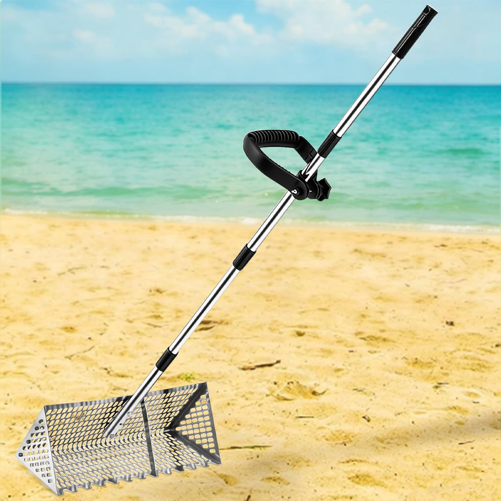 MENGBEI Sand Flea Rake, Beach Treasure Rake Stainless Steel – 16" Wide Stainless Steel Sand Sifter for Shark Teeth, Shells & Sand Crabs, Collapsible Design with Drain Screen