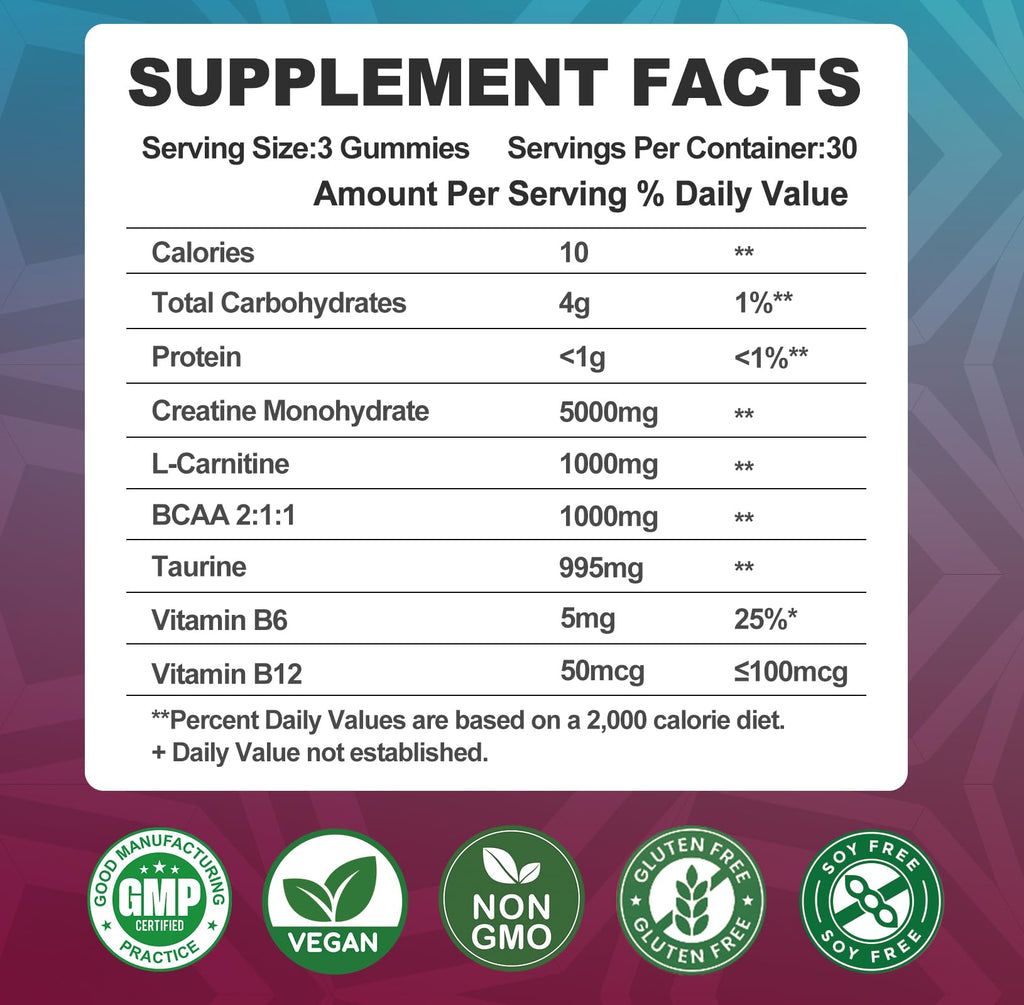 Creatine Monohydrate 8000mg Gummies with BCAA, L-Carnitine, Taurine & Vitamin B12 - Pre Workout Supplement for Muscle Growth, Strength & Energy, Multi-Flavor Chewable Gummies, 180 Count for Men Women