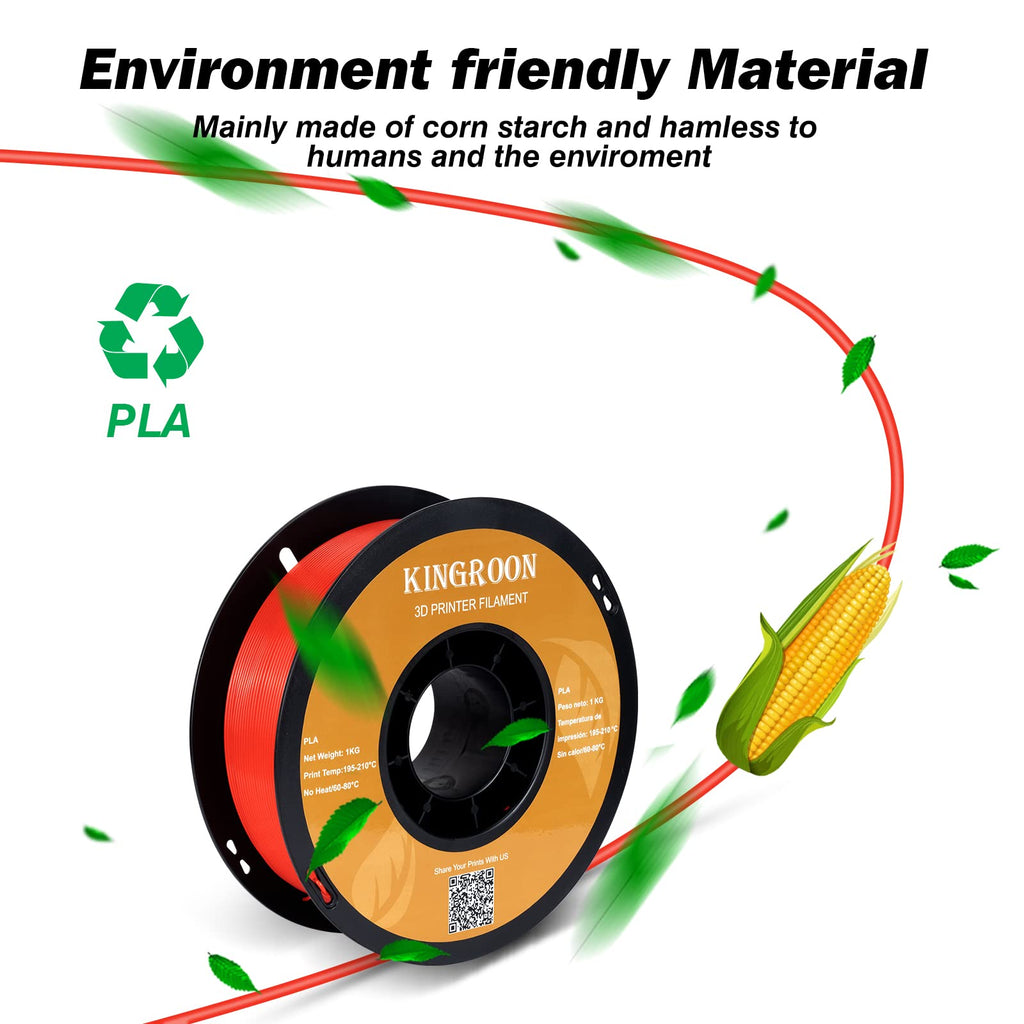 Kingroon PLA 3D Printer Filament, Dimensional Accuracy +/- 0.02 mm, 1 kg Spool(2.2lbs), 1.75 mm，Red
