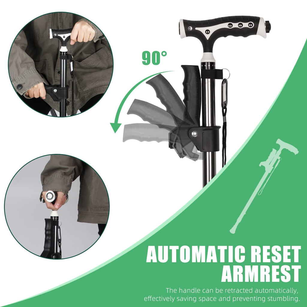 Hold 440 Lbs Walking Cane for Men & Women Aluminum Alloy Lightweight Height Adjustable Walking Stick Heavy Duty Foldbale Free Standing Cane with LED for Seniors Adults Black