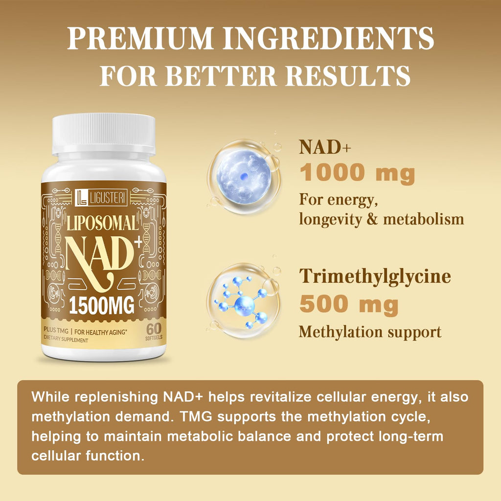 LIGUSTERI 1500 MG Liposomal NAD+, 98%+ Absorption, NAD+ Supplement for Women & Men with TMG, for Aging Defense, Cellular Energy, Heart & Brain Function, Longevity, 60 Softgels