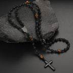 Rosary Necklace for Men, Black Catholic Rosary, Lava Rock Tiger Eye Beads Cross Necklace, Rosarios Catolicos Para Hombre (B)