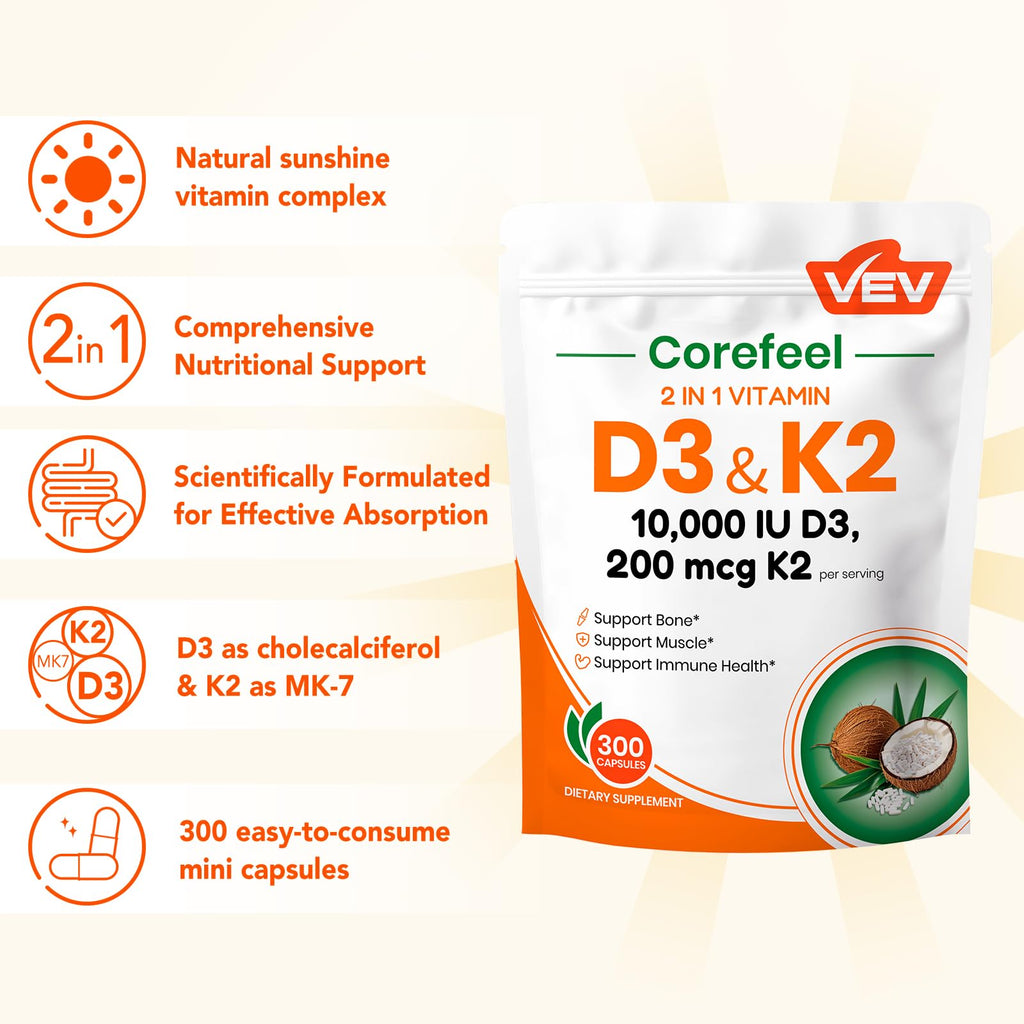 VEV Corefeel Vitamin D3 K2, 10,000 IU D3, 200mcg K2 (with MK7), Supports Bone and Teeth Health, Dual Nutrient Support for Daily Wellness, Easy to Swallow – 300 Capsules