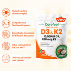 VEV Corefeel Vitamin D3 K2, 10,000 IU D3, 200mcg K2 (with MK7), Supports Bone and Teeth Health, Dual Nutrient Support for Daily Wellness, Easy to Swallow – 300 Capsules