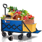 YSIATN Collapsible Folding Wagon Cart with Tailgate - 300lbs Heavy Duty Foldable Utility Wagon and Brake Wheels - 100L Lightweight Grocery Wagons for Shopping Camping Sports Garden, Blue