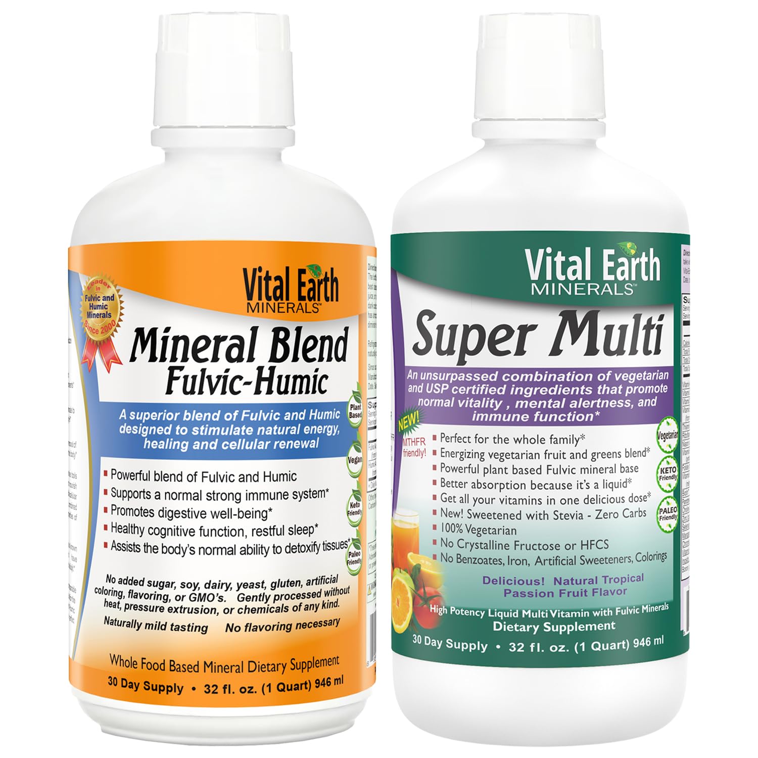Vital Earth Minerals Detox and Wellness Support – Fulvic Humic Mineral Blend with 70+ Trace Minerals + Super Multi, Liquid Multivitamins, MTHFR Enhancement, 32 OZ Ea