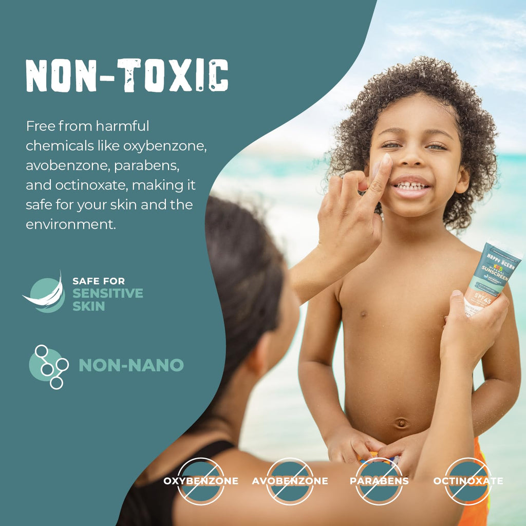 Happy Ocean SPF 45 Reef Safe Mineral Sunscreen for Kids & Sensitive Skin with Non-Nano Zinc Oxide, Non Toxic Kids Sunscreen for Face & Body, Natural Organic Sunblock, Travel Size, Vegan 2.5 Fl Oz