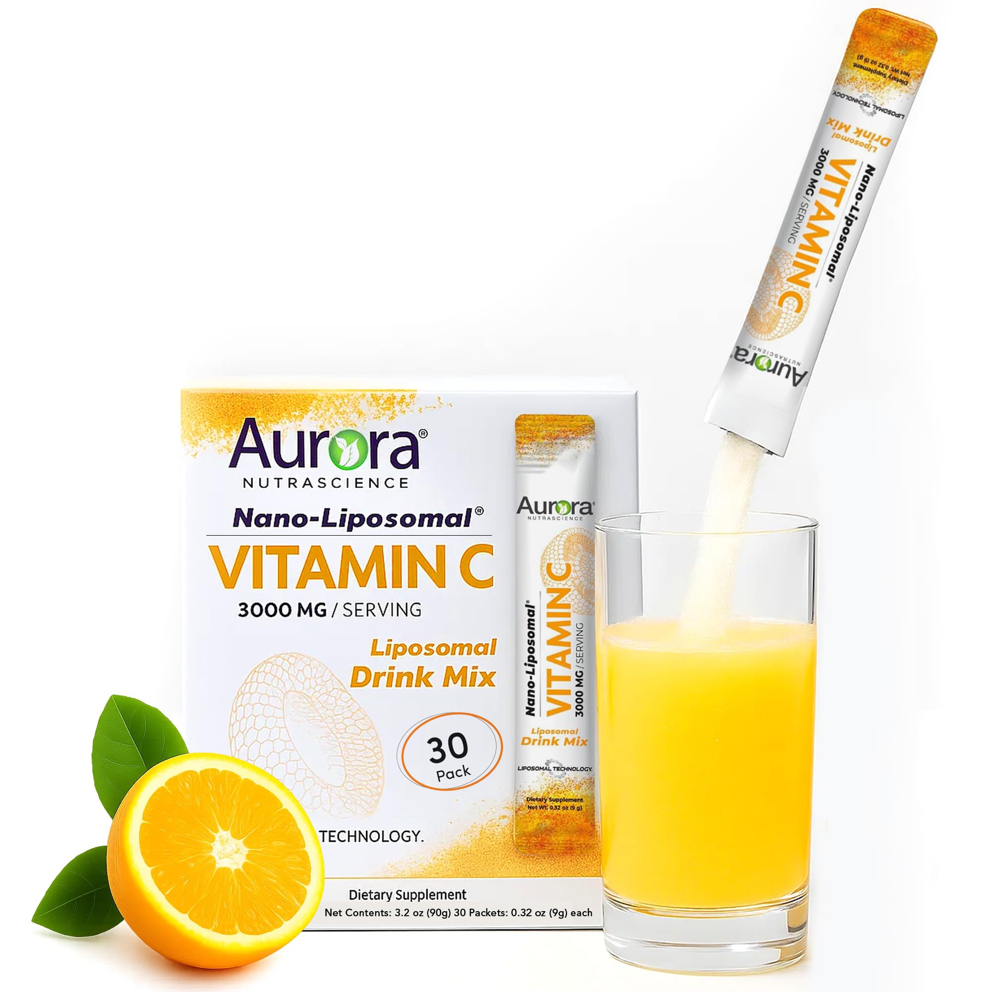 Vida Lifescience Aurora Nutrascience Nano-Pack Liposomal Vitamin C Powder Drink Mix, Immune Support, High Strength 3,000 mg Per Serving, 30 Single Serve Packets, Orange