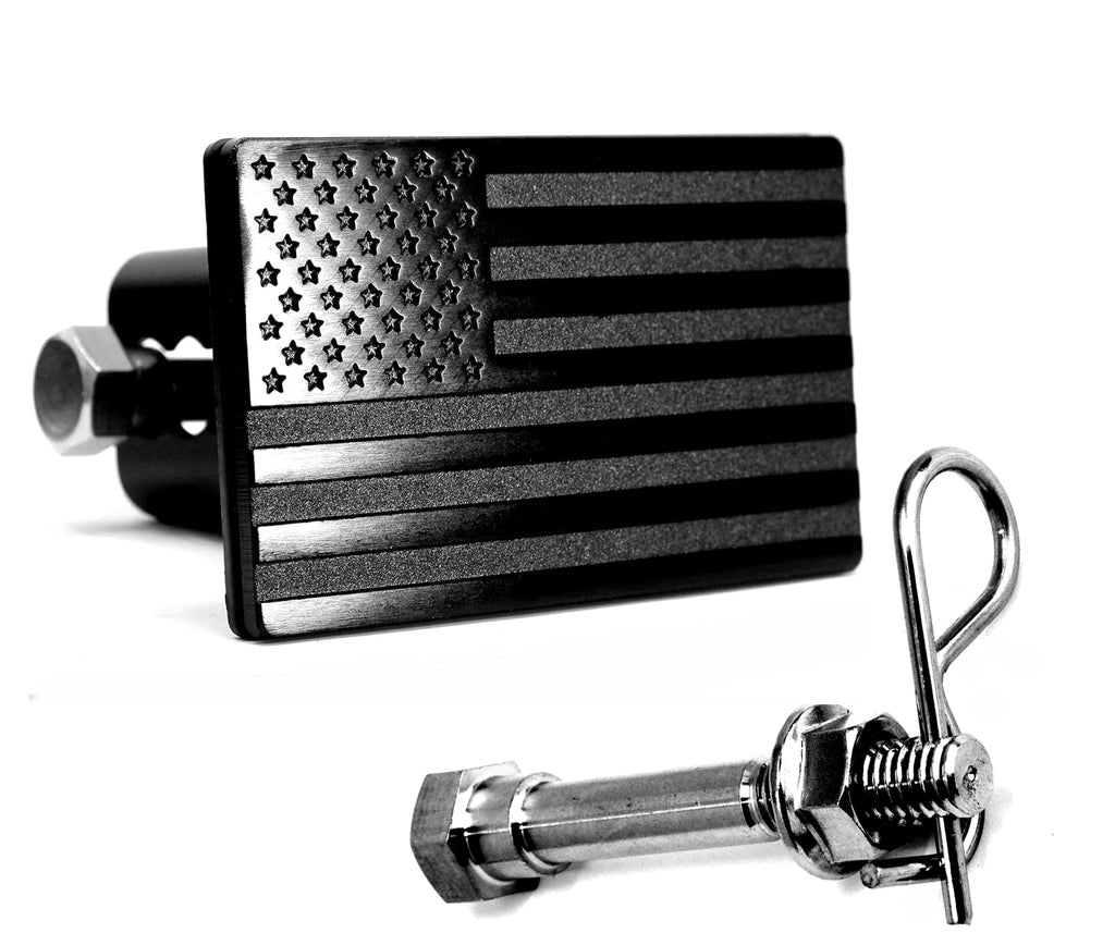 USA American Flag Metal Trailer Hitch Cover with Locking Pin (Fits 2" Receivers, Black)