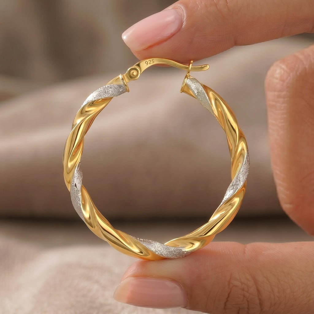 LeCalla 925 Sterling Silver Hoop Earrings 14K Two-Tone Lightweight Italian Design Medium Earrings for Women - 30MM