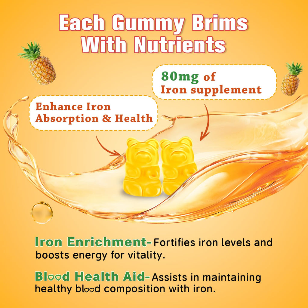 2 Pack Iron Gummies for Women & Men - Vegan Iron Supplement for Anemia & Iron Deficiency, with Vitamin B12, Vitamin C, Zinc, Folate - Energy Boost, Sugar-Free, Pineapple Flavor, 120 Count