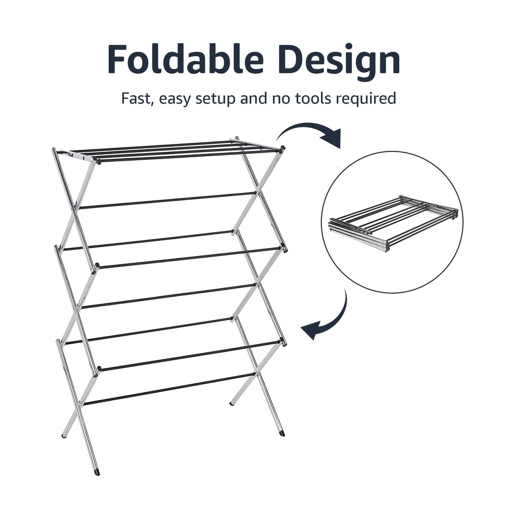 Amazon Basics Foldable Portable Metal Clothes Drying Rack for Indoor Air Drying, Energy Saving, 14.5 x 29.5 x 41.8 inches, Chrome Silver