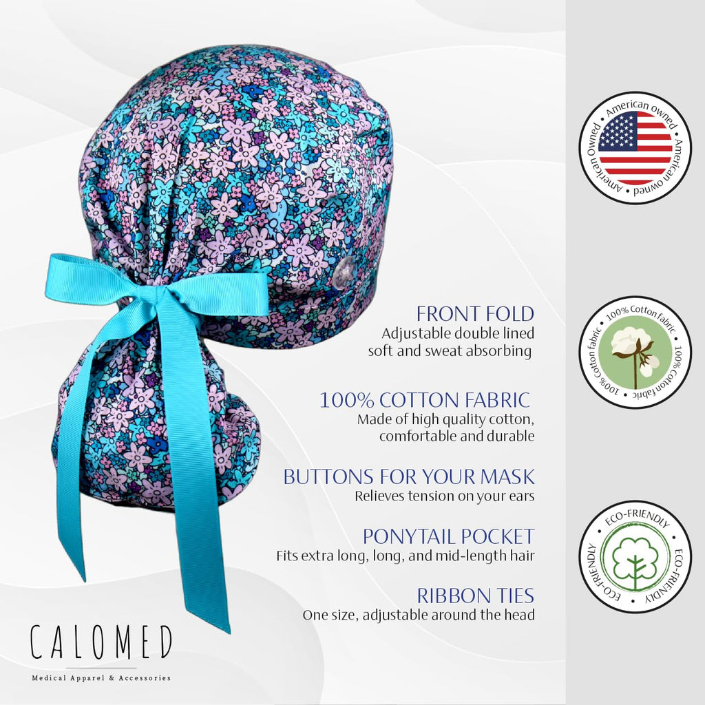 CALOMED Scrub Cap for Women and Men, Ponytail Scrub Caps, Working Hat, Head Cover with Ribbon Ties and Buttons, Long Hair (Small Purple Flowers)