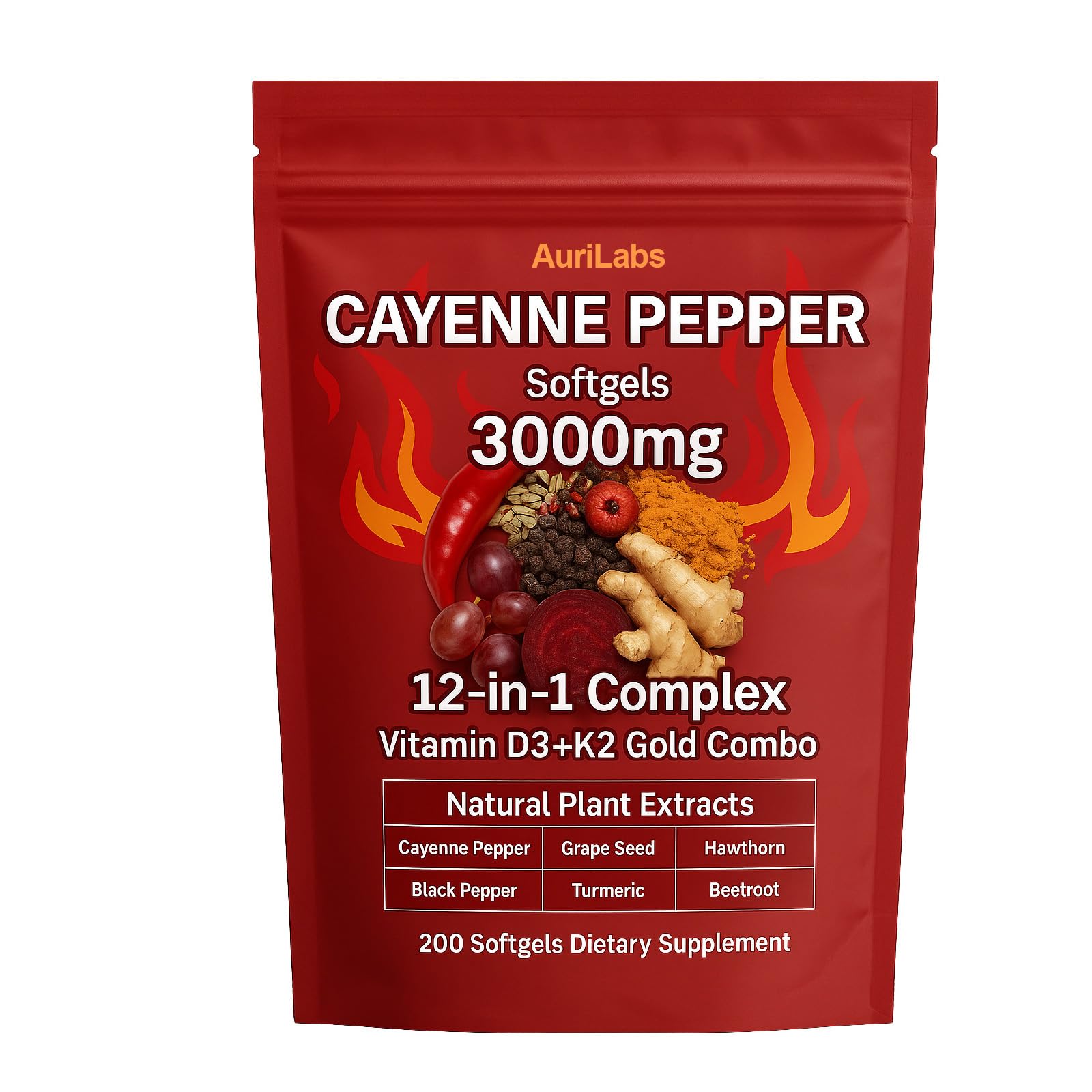 AuriLabs Cayenne Pepper Softgels - Enhanced with Vitamin D3+K2 Complex - Features Grape Seed, Hawthorn & Beetroot Extracts - Herbal Supplement (1)