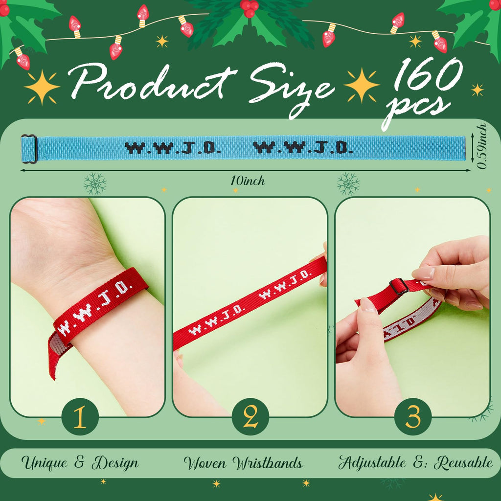 XunYee 160 Pcs WWJD Webbing Bracelets What Would Jesus Do Christian Gifts Adjustable Religious Bracelets for Church Women Men (Bright Color)
