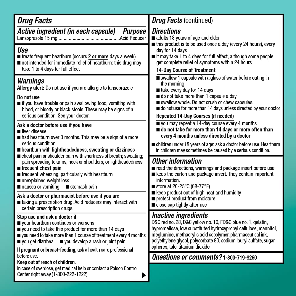 Amazon Basic Care Lansoprazole Delayed Release Capsules, 15 mg, Proton Pump Inhibitor, Treats Frequent Heartburn, 24 Hour Heartburn Medicine, 42 Count (Pack of 2)