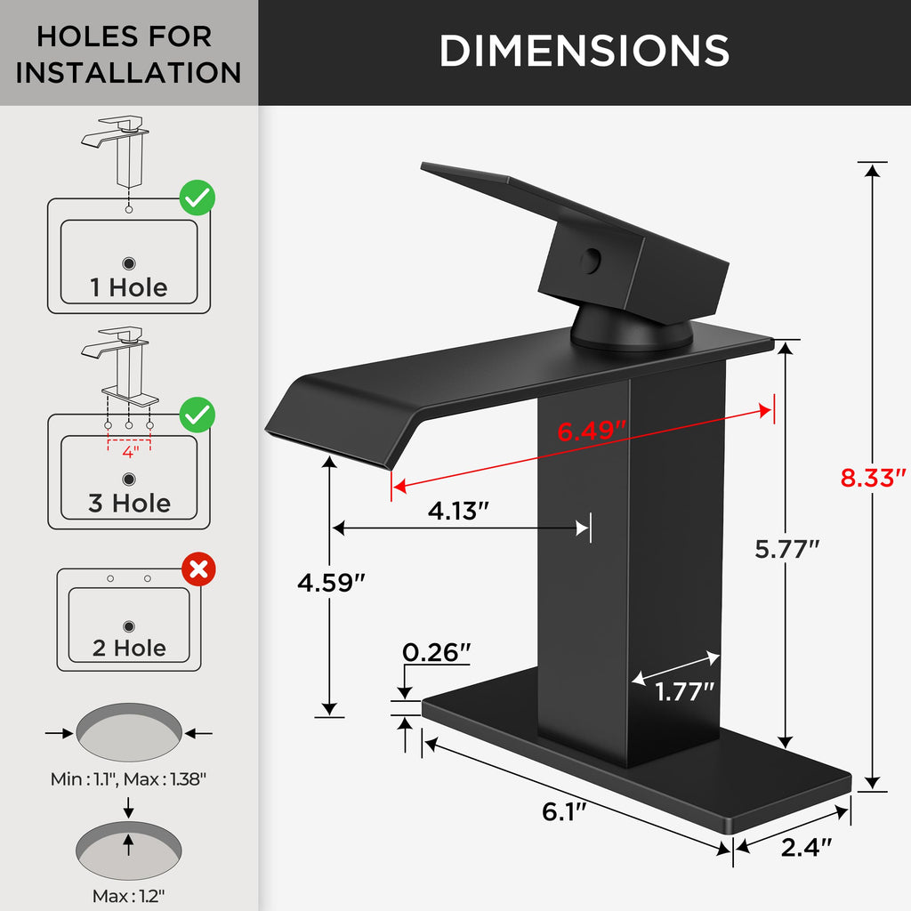FORIOUS Bathroom Faucet Matte Black Modern Waterfall Bathroom Sink Faucet 1 or 3 Hole Single Handle with Deck Plate and Drain, Suitable for Vanity Rv Camper Commerical
