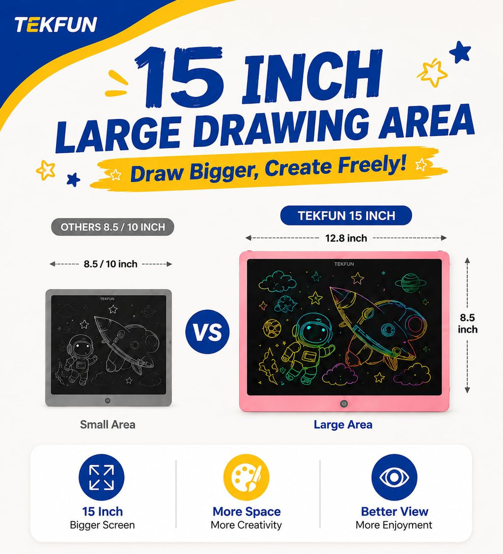 TEKFUN 15 Inch LCD Writing Tablet for Girls Ages 3–12, Large Drawing Tablet for Kids, Screen-Free Writing Pad for Learning Quiet Time, Creative Christmas Gift for 3 4 5 6 7 8 Year Old Girl (Pink)