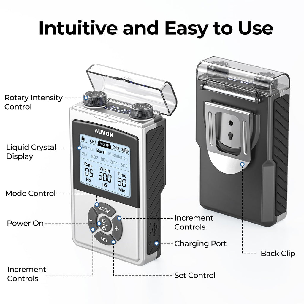 AUVON Rechargeable Digital TENS Unit Muscle Stimulator with 600 mAh Battery, TENS Machine with 8 Customizable Modes, Electric Massager for Shoulder, Back Pain Relief, 6 TENS Pads, A Carry Case