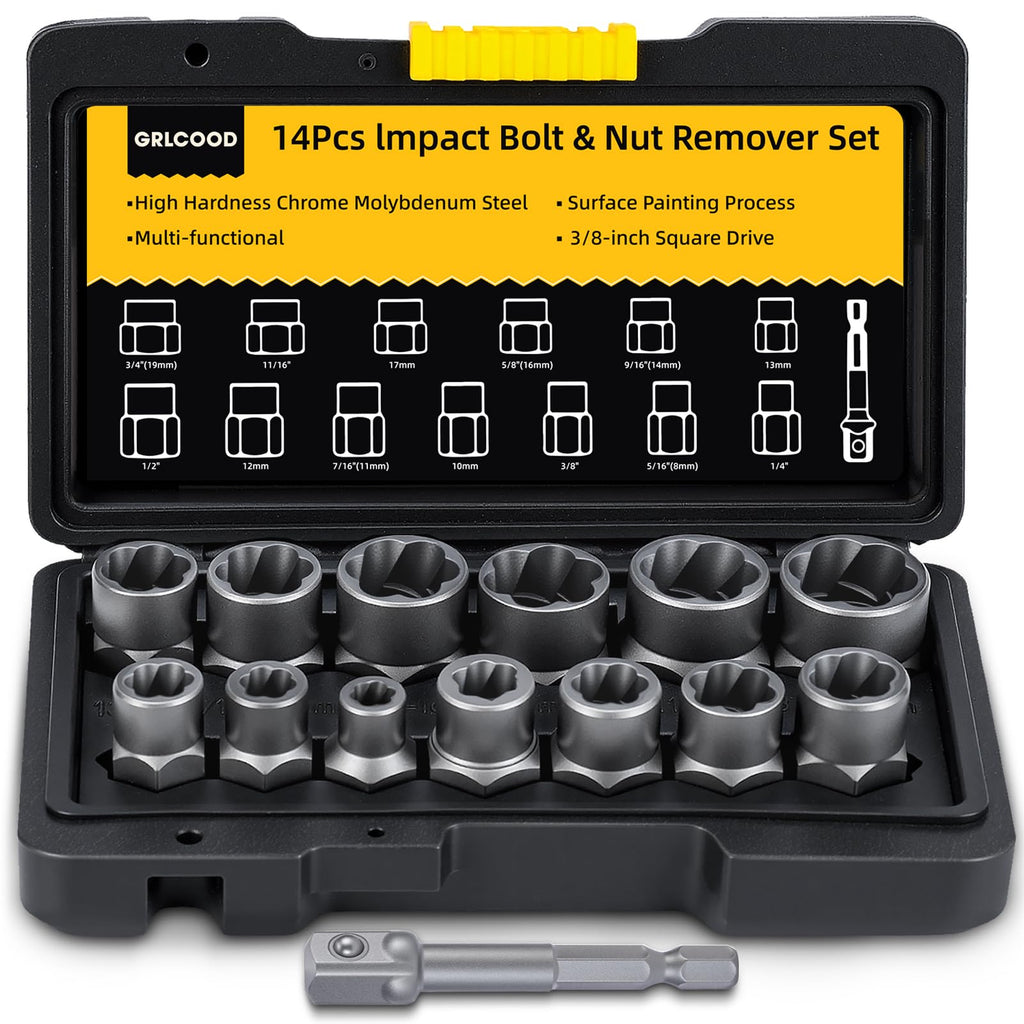 Bolt Extractor Kit, 14 PCS Impact Bolt & Nut Remover Set with 3/8 Inch Adapter, Upgrade Stripped Bolt Extractor Socket Set with Portable Tool Box, Easy Out for Rusted, Damaged, Round Bolt Nuts Screws