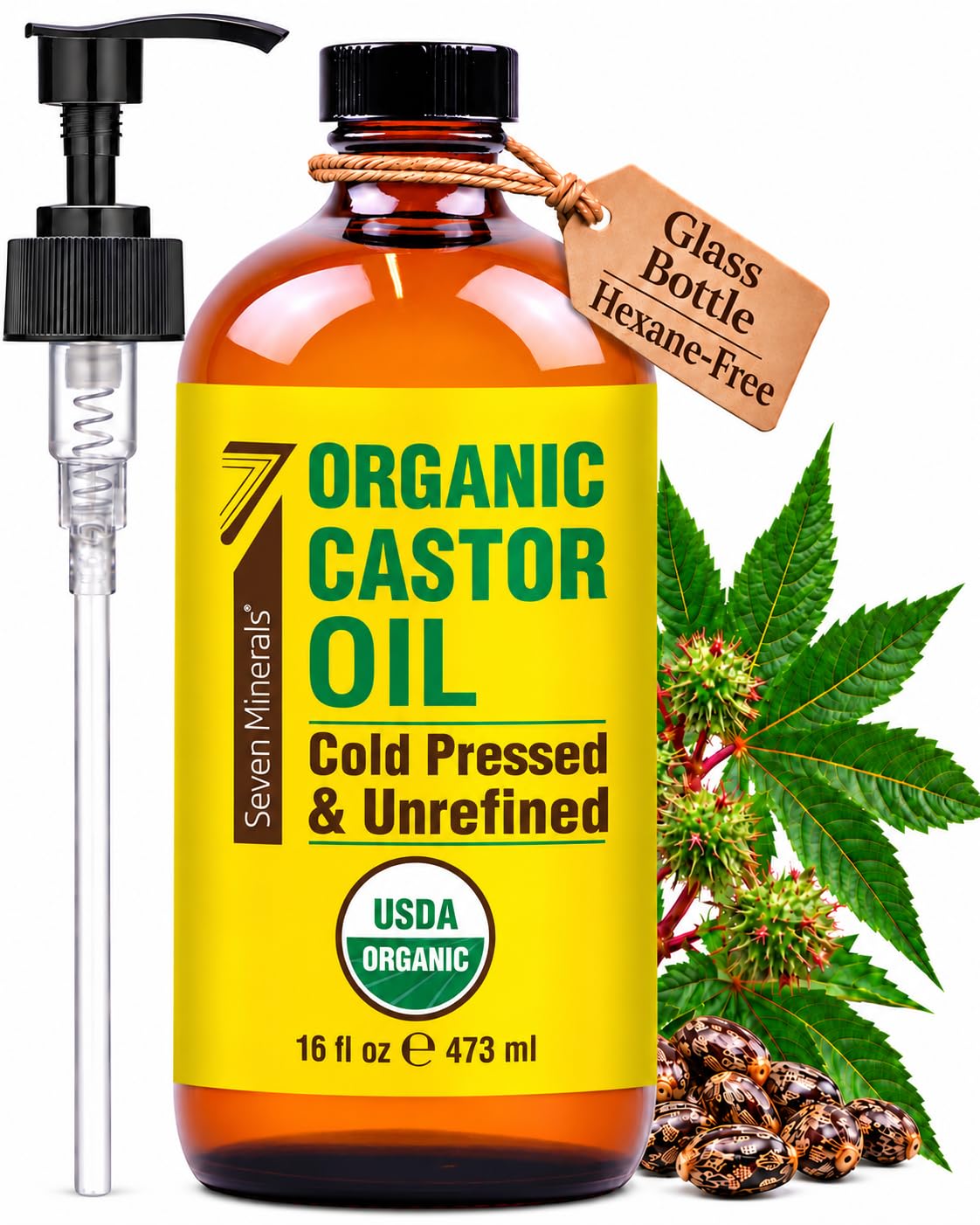 Seven Minerals USDA Organic Castor Oil - Big 16 oz Glass Bottle with Pump - 100% Pure Cold Pressed Unrefined Hexane Free - for Hair Growth, Eyelashes, Eyebrows, Skin, Cuticles & Caster Oil Packs