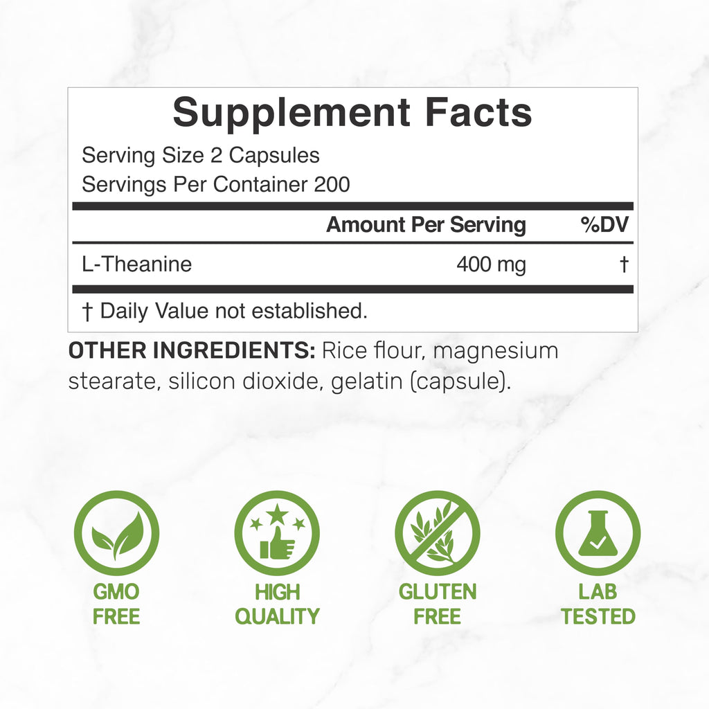 L-Theanine 400mg, 400 Capsules – Extra Strength Theanine Supplement – Amino Acids for Focus & Relaxation Support – Non-GMO & Gluten Free