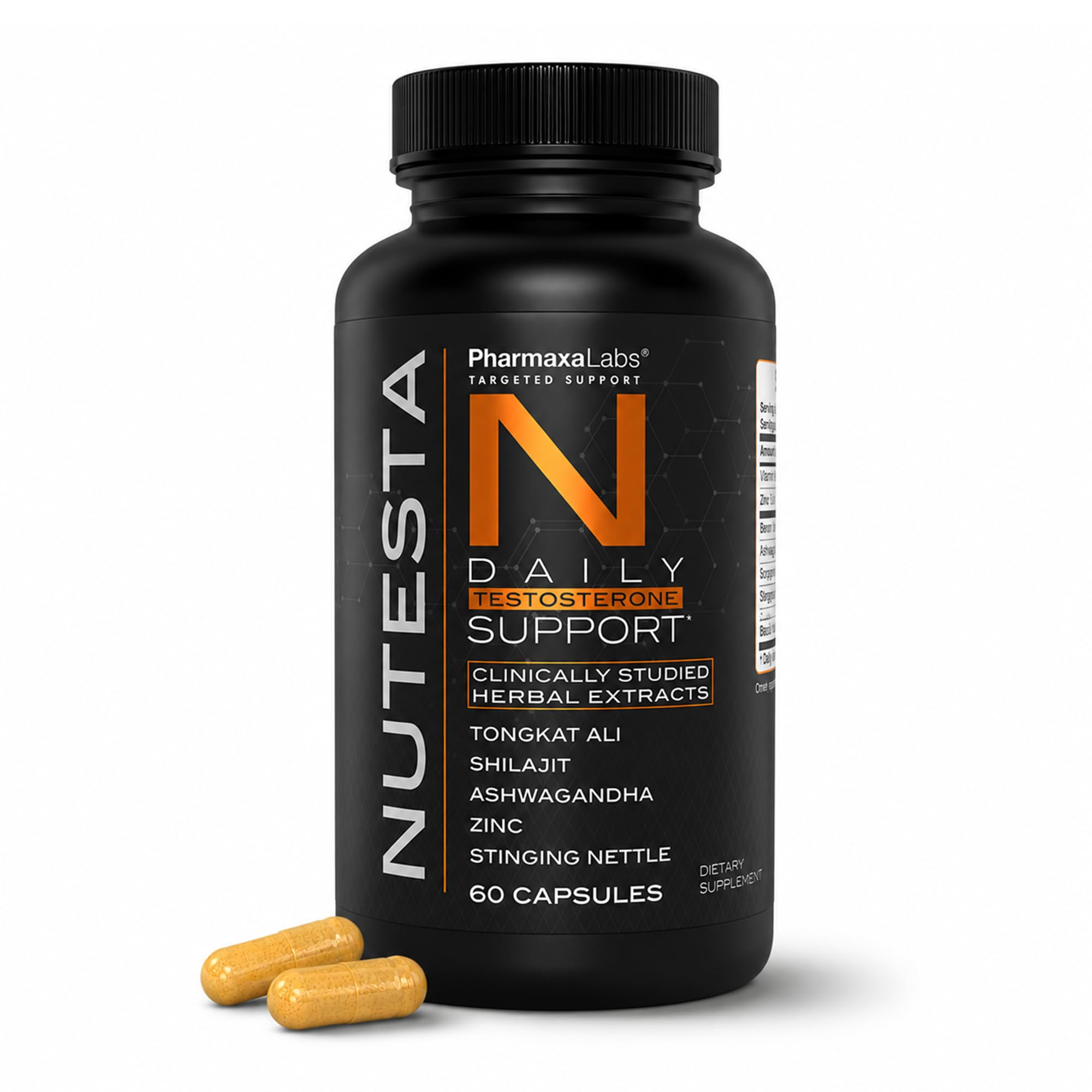 Nutesta Men's Support Supplement - Ashwagandha, Zinc, Boron, Tongkat Ali Root, Stinging Nettle, Black Pepper & Shilajit Gum - 60 Capsules