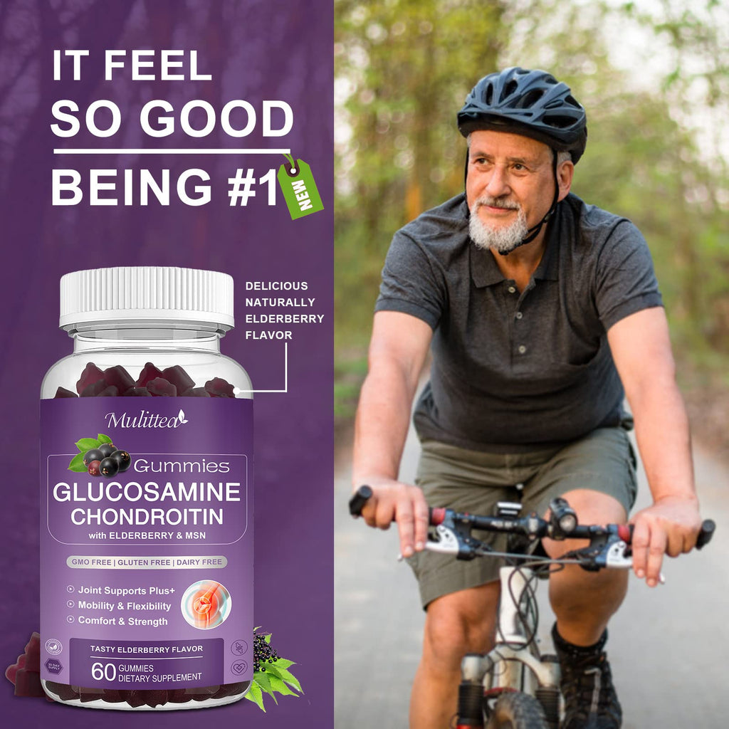 Mulittea Glucosamine Chondroitin Gummies - Extra Strength Joint Support Supplement with MSM & Elderberry for Natural Joint, Antioxidant Immune Support for Adults, Men & Women-(2 Pack)
